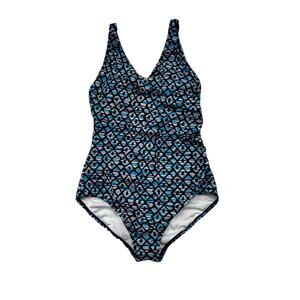 Speedo Black Blue Purple Geometric Built In Bra One Piece Swimsuit 10 Ruched